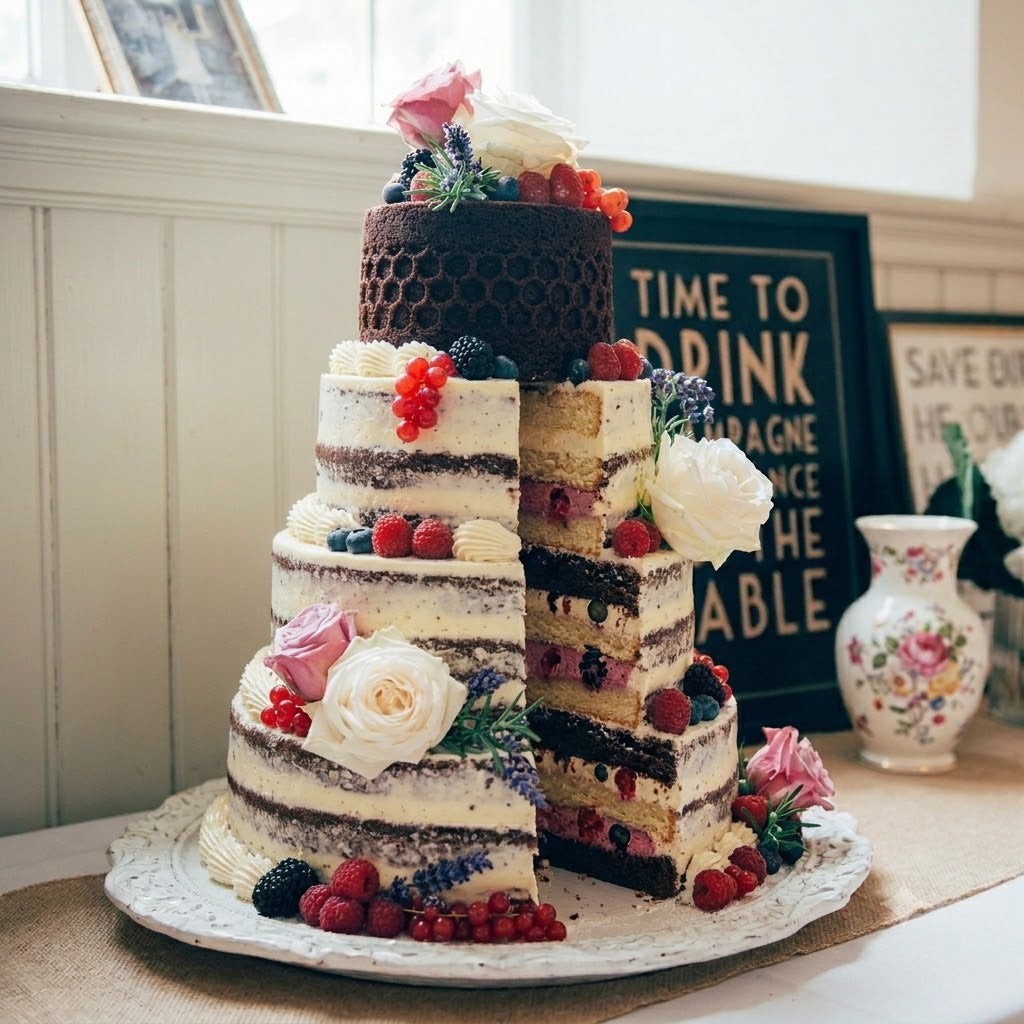 4-stöckiger Premium „Naked Cake“: Die Geschmackssinfonie (Naked Cake Premium de 4 Pisos: Alternancia y Contraste)