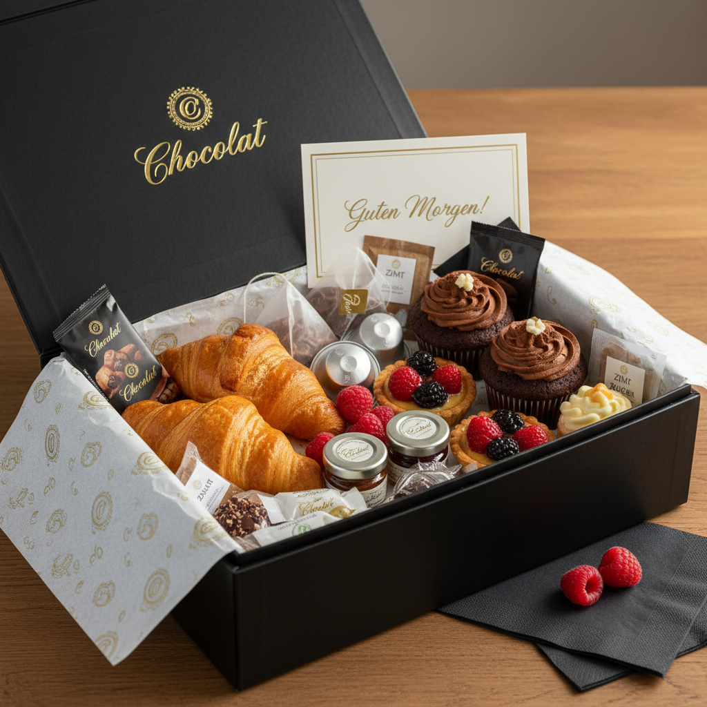 esta necesito una caja de desayuno Box, negra con 2 croissant mantewuilla, , dos cupcake chocolate ,  2 muestras de cafe en capsulas, 2 bolsas TE, surtido productos chocolat 2 tartaletas pequeñas y o 2 mini cakes, sobrecito de canela, azùcar, muestras de mantquilla y mermelada, tarjeta personalizada , papale de seda blanco con detalles dorados, frutos rojos de temporada pocos y servilletas negras. empaquetado con glamour, con el nombre chocolat 