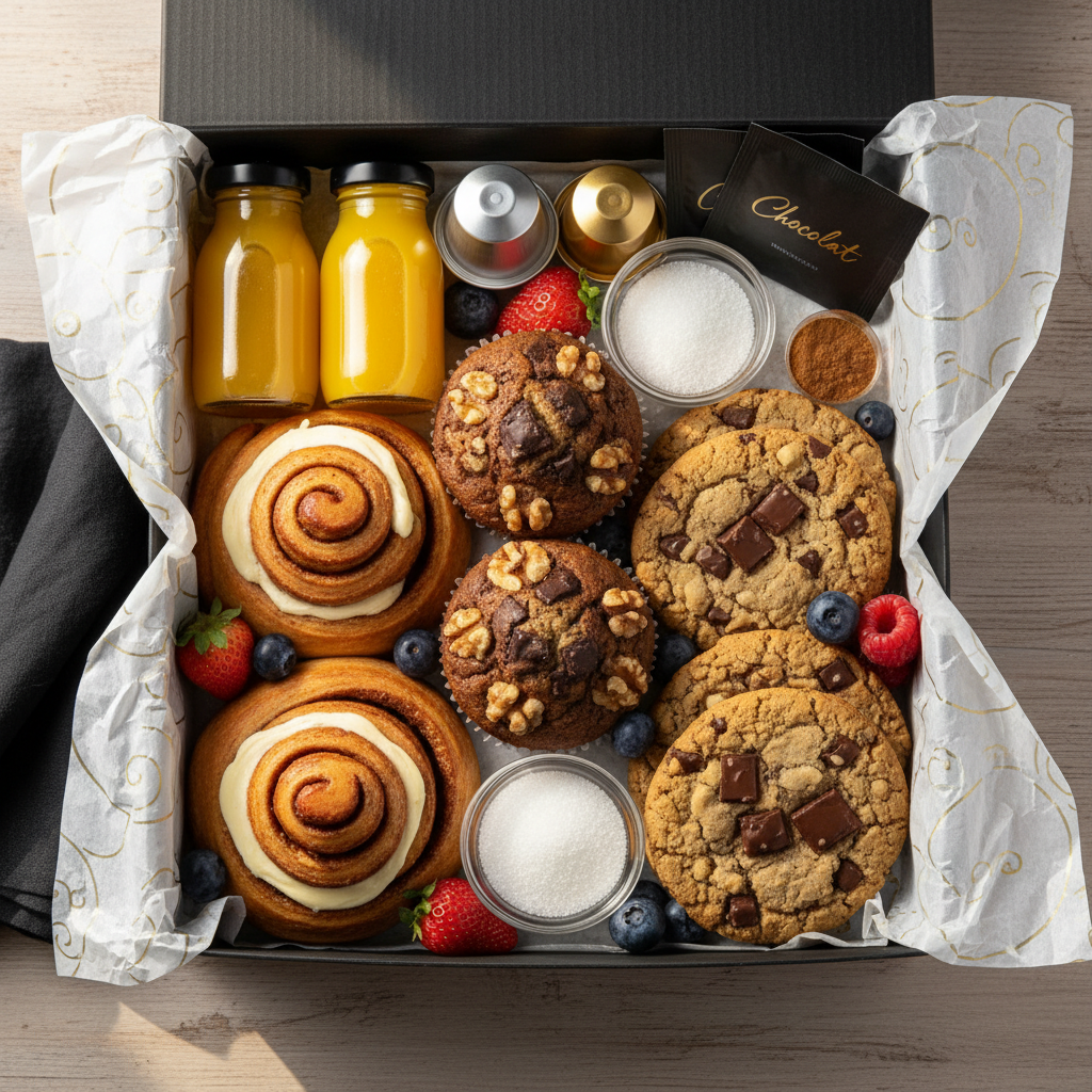 esta-necesito-una-caja-de-desayuno-box-negra-con-2 rollos de canela-dos Cookies estilo Ny de neuces, -2-muestras-de-cafe-en-capsulas-2-bolsas-te-surtido-productos-chocolat-2 botellitas de zumo naranja, frutos rojos temporada, 2 muffins neuces y chocolate, azucar, canela, papel seda blanco con detalle dorados, servilletas negras
19 de enero de 2026 • PNG • 1024 × 1024