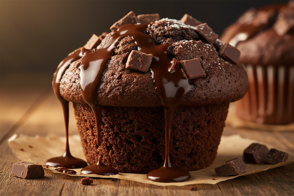 imagen jugosa y sabrosa de un muffins de chocolatecon trozos de choclota