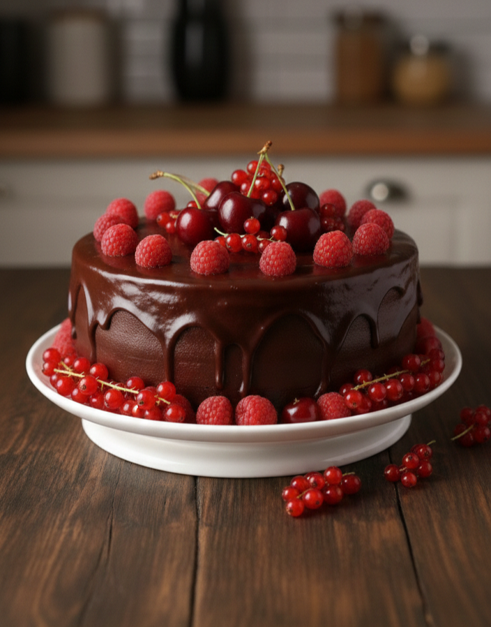 Schokoladen-Trüffeltorte mit roten Beeren/ Tarta de Trufa de Chocolate con Frutos Rojos