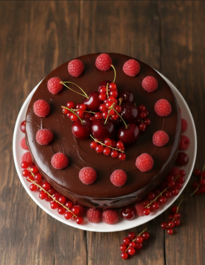 Schokoladen-Trüffeltorte mit roten Beeren/ Tarta de Trufa de Chocolate con Frutos Rojos